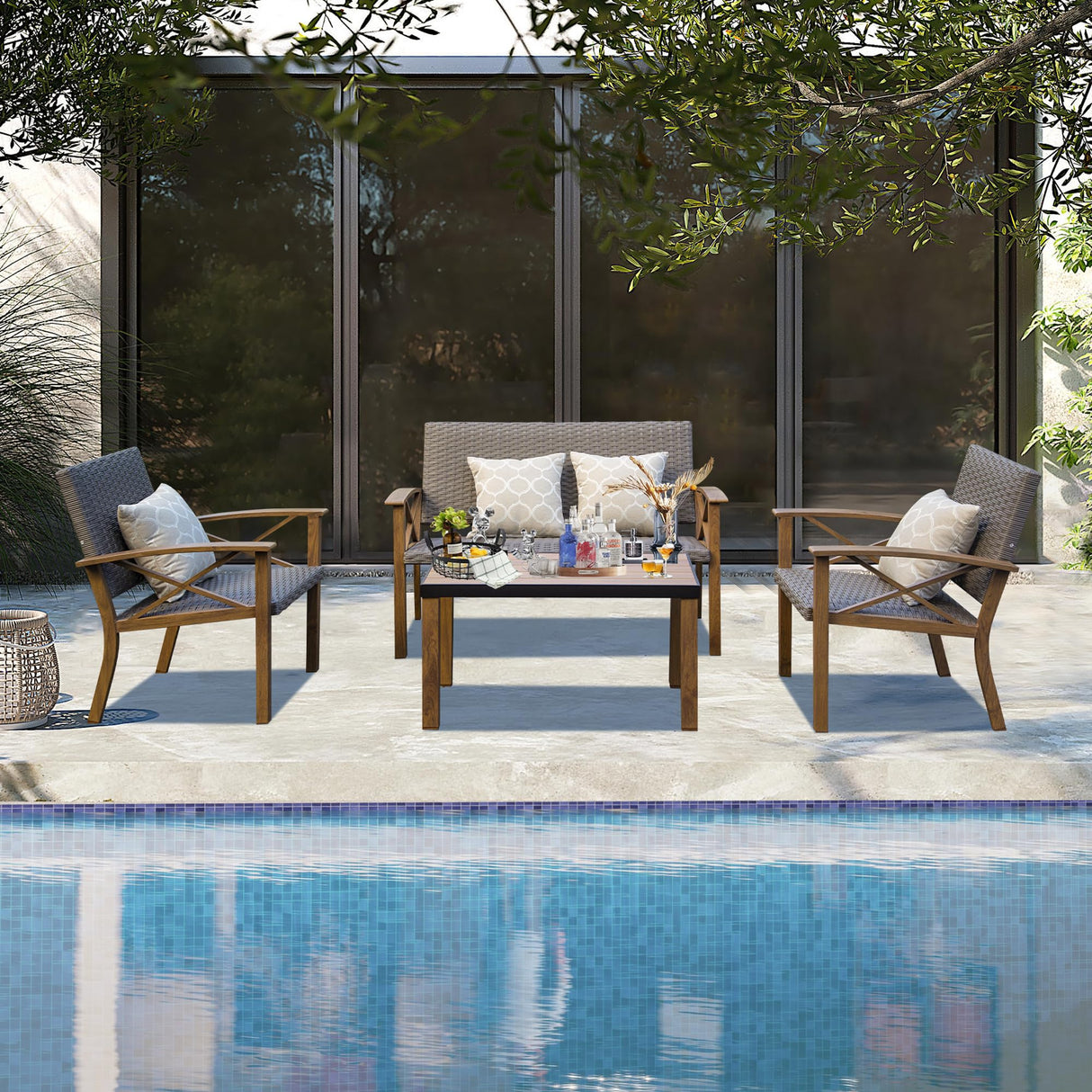 Domi Aluminum Patio Furniture Set, 4-Piece Modern Conversation Set with Cotton Padding Backrests and Seats, Outdoor Sectional Metal Sofa Set with 5.5 Inch Cushion and Coffee Table for Balcony, Garden domi outdoor living