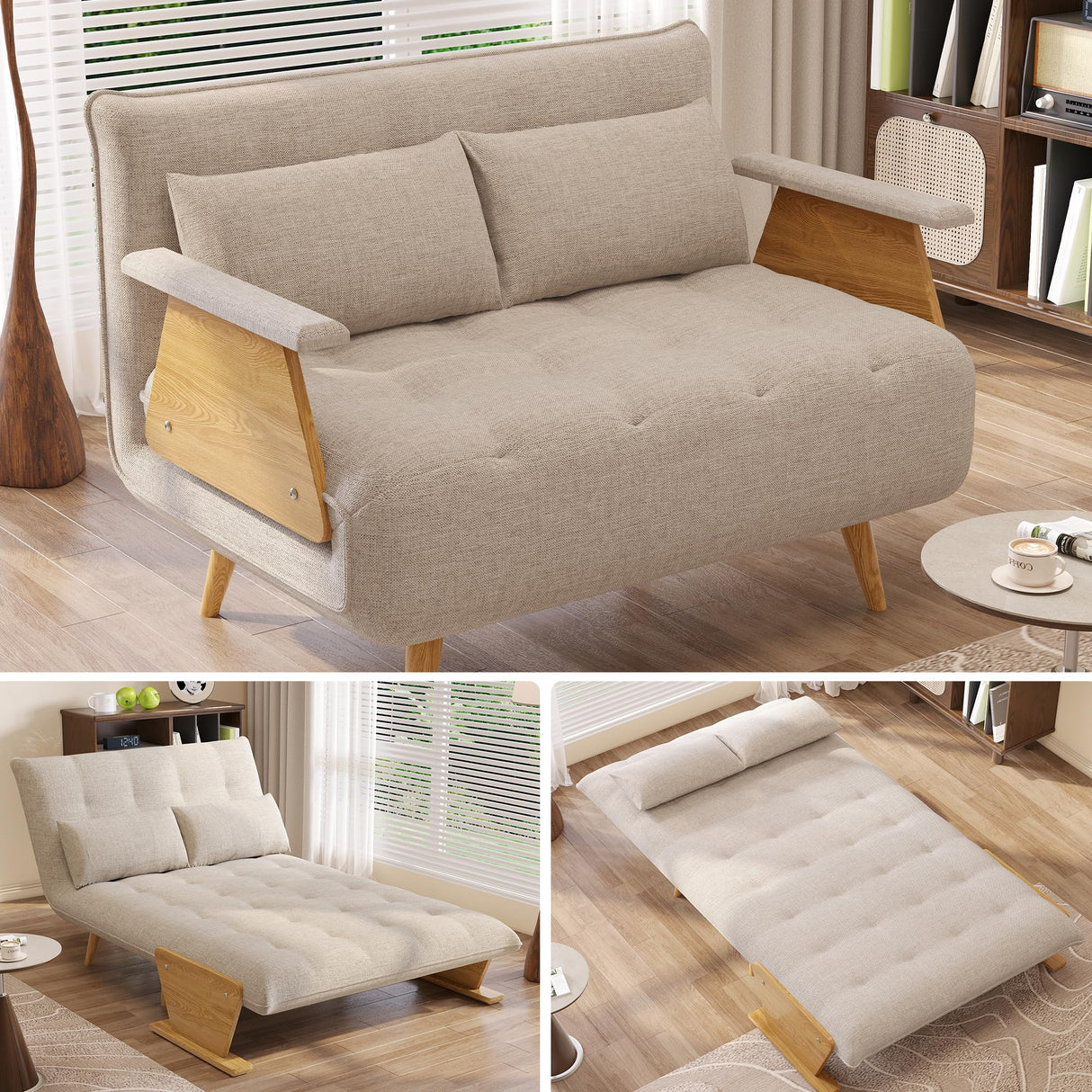 JASIWAY Convertible Chair Bed Sleeper for Adults, Linen 3-In-1 Convertable Single Sleeper Chair for Small Spaces, Trifold Futon Chaise Lounge that Turn into Beds, Adjustable Backrest (76.6"D X 44.9"W) JASIWAY