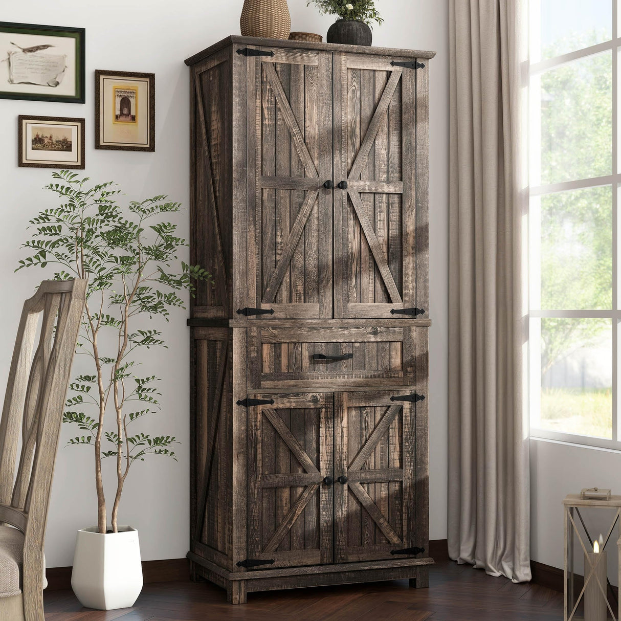 DWVO 72" Tall Farmhouse Pantry Cabinet, Kitchen Storage Pantry with Barn Doors & Drawer, Versatile Organizer with Adjustable Shelves, Rustic Cupboard for Dining Room, Living Room, Dark Rustic Oak DWVO