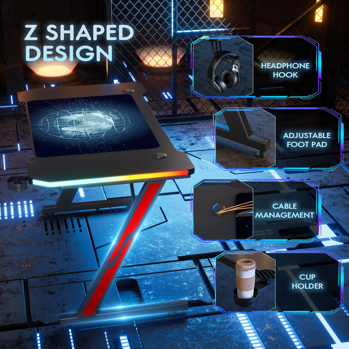 Homall Gaming Computer Desk with Carbon Fiber Surface, Gaming Table Z Shaped Pc Home Office with Cup Holder&Headphone Hook(55 in, Black, Led Light) Homall