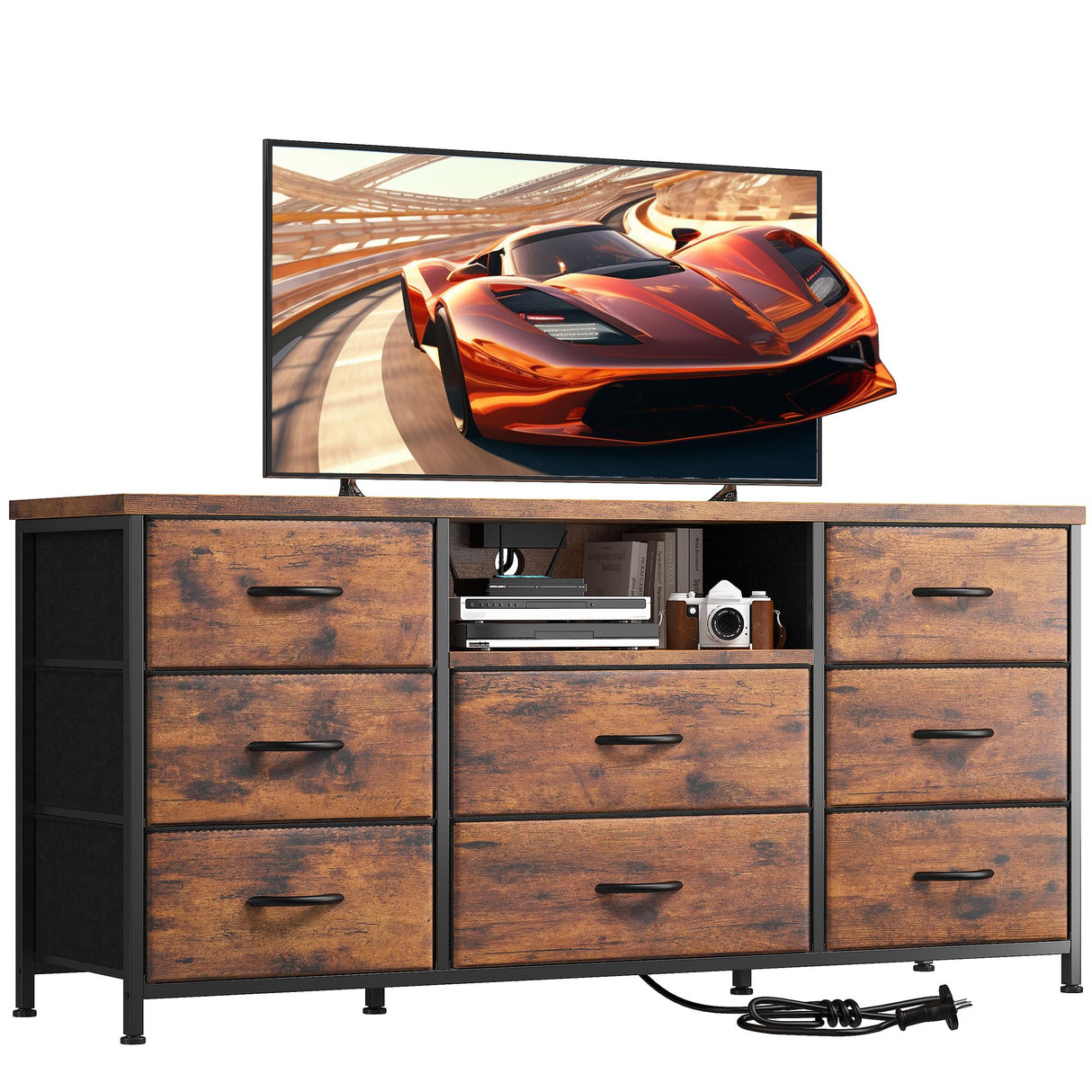 EnHomee Dresser for Bedroom with Power Outlets, 55" TV Stand Dresser with 8 Drawers, Fabric Dressers & Chest of Drawers for Living Room, Entryway, Rustic Brown EnHomee