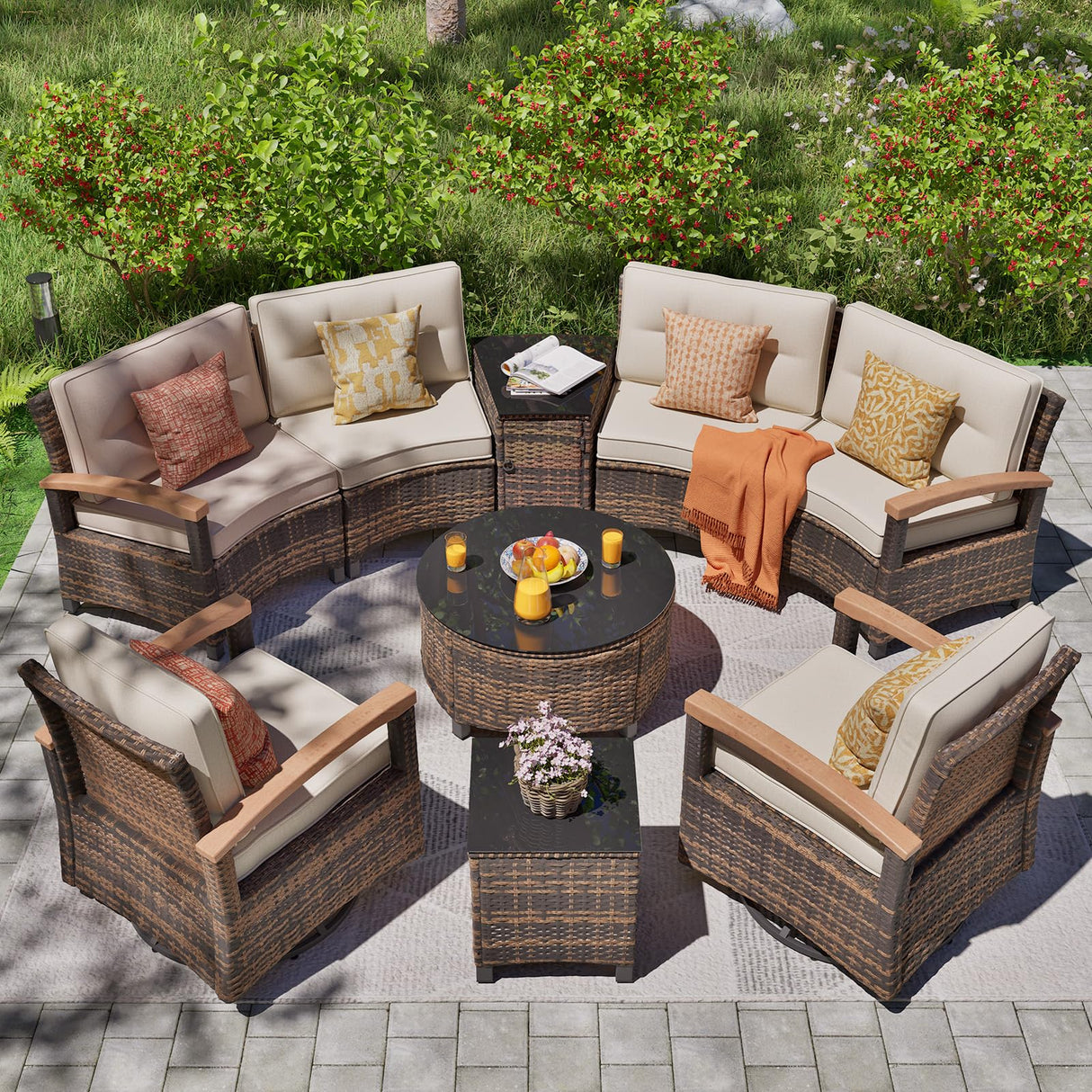 MEISSALIVVE 9 Piece Outdoor Patio Furniture Set, Half-Moon Curved Sectional Sofa Rattan Patio Conversation Set with Wood Armrests, Tempered Glass Round Coffee Table & Side Table(Beige) MEISSALIVVE