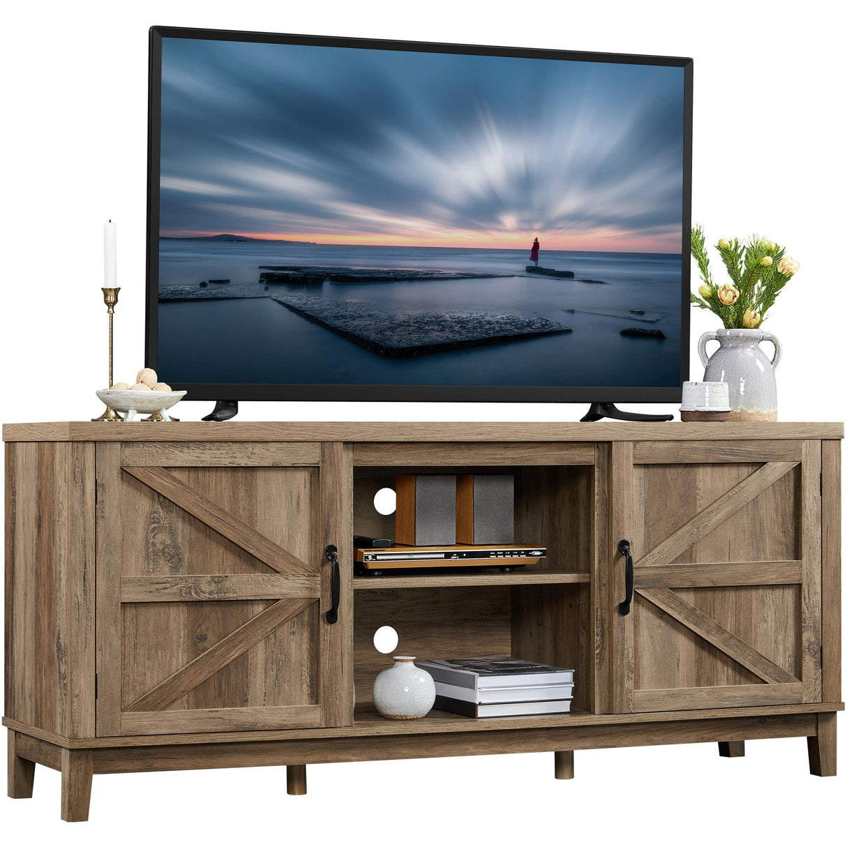 Yaheetech Entertainment Center with Storage, Farmhouse TV Stand for 65 Inch TVs, Wooden TV Console Cabinet with Barn Doors for Living Room, Rustic Oak Yaheetech