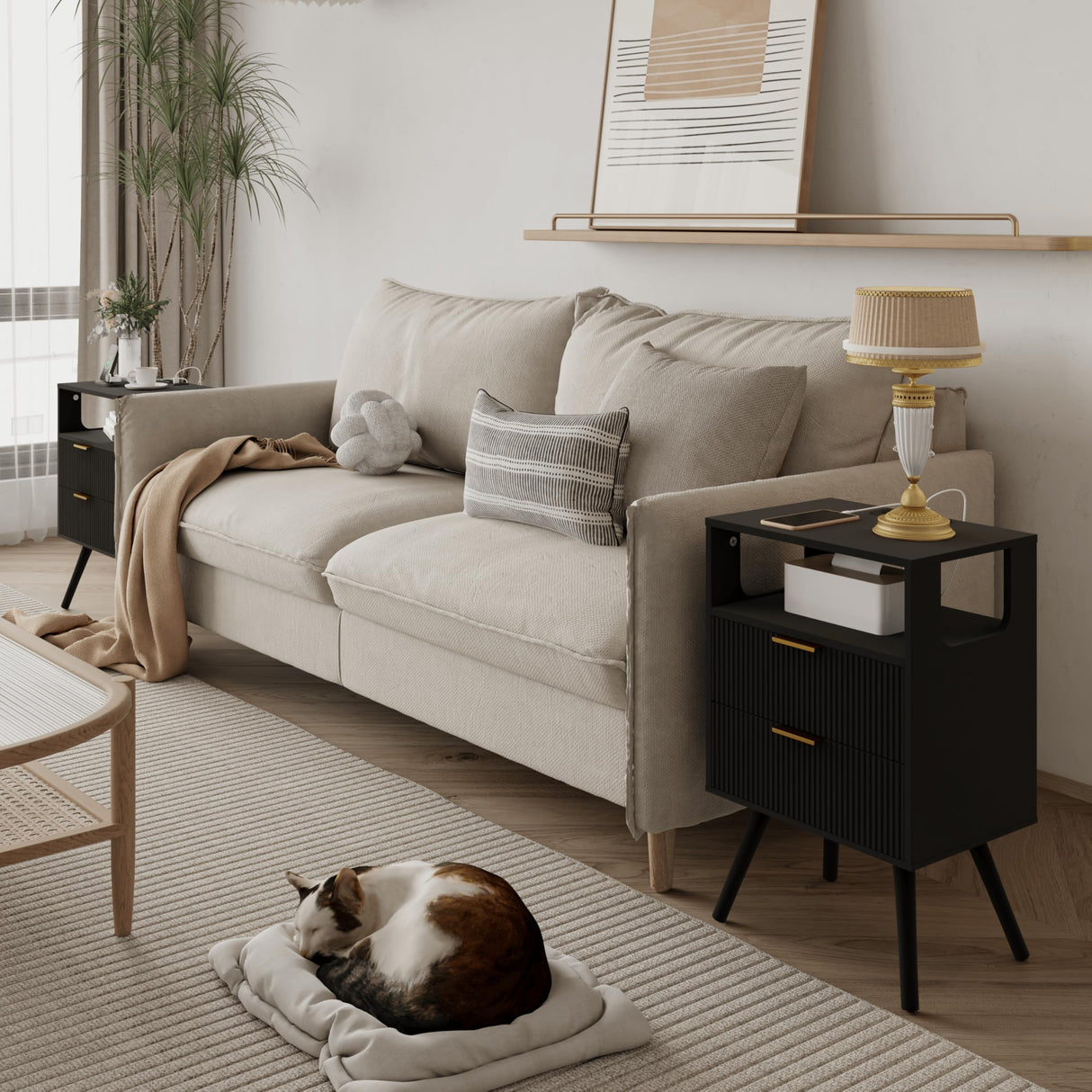 JOONEE Black Nightstand with Charging Station and LED Lights,Modern Bedside Table with 2 Storage Drawer and Open Wood Shelf, for Bedroom and Small Spaces,Night Stand with Solid Wood Legs,Black JOONEE