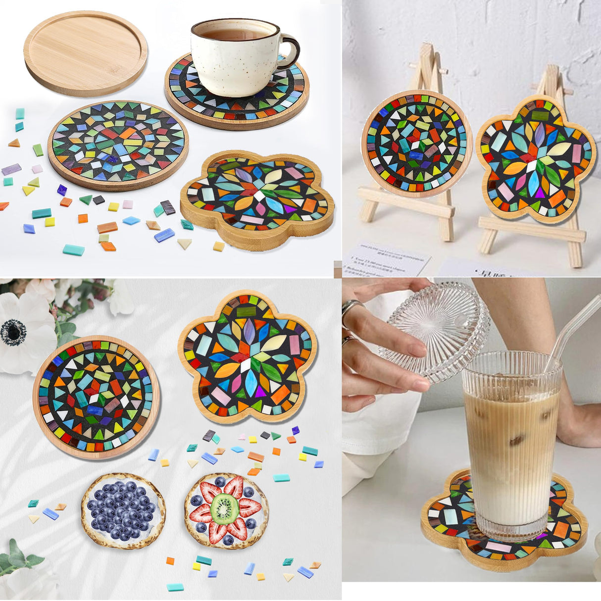 Nuyoach Diy Mosaic Craft Kit For Adults,Stained Glass Kits Mosaics Tiles For Crafts With Large Wooden Coaster Making Materials Package,Mosaic Ceramic Bulk Supplies For Women Kids Beginners Decor Gifts Nuyoach