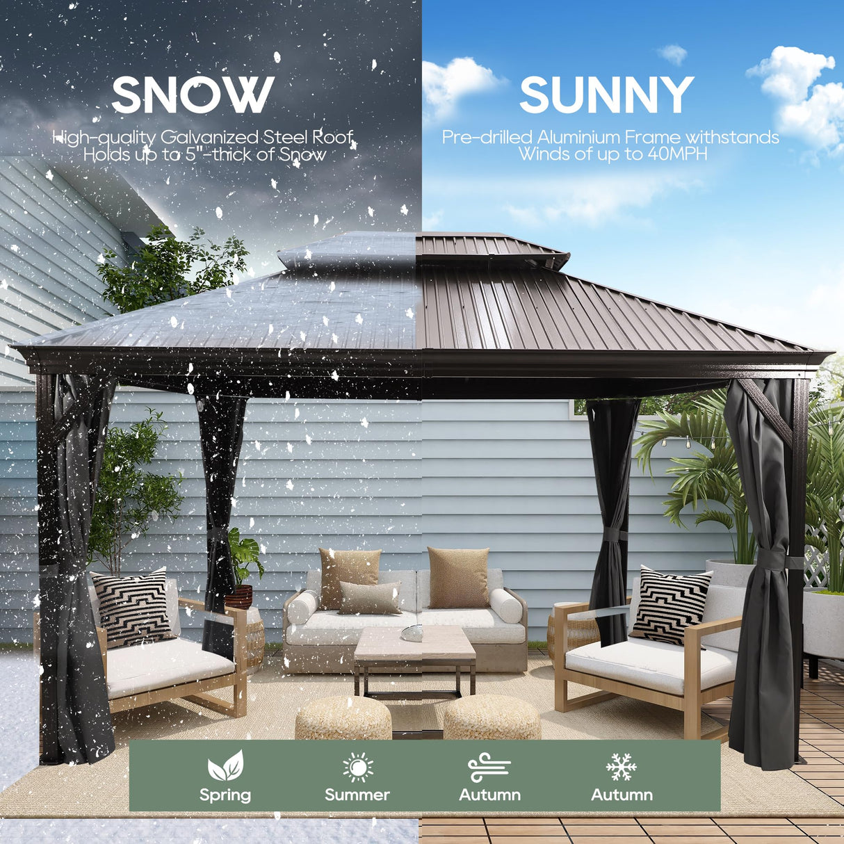 Sumshadow 12'x16' Hardtop Metal Gazebo, Outdoor Galvanized Steel Double Roof Canopy, Aluminum Patio Gazebo with Netting and Curtains for Patio, Lawns, Deck, Backyard,Grey Sumshadow