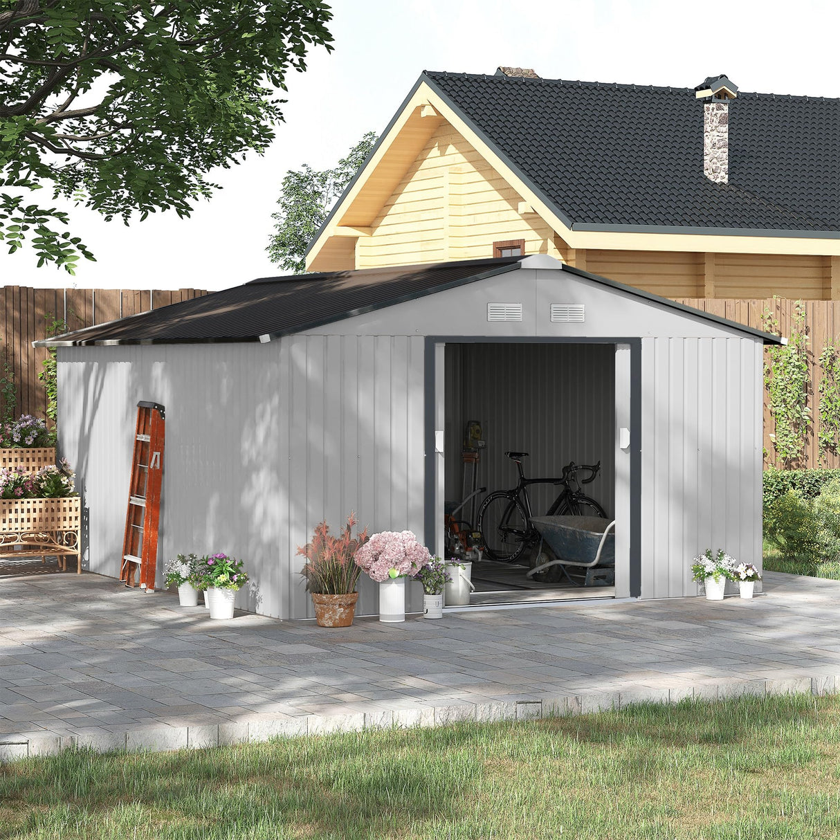 Outsunny 11' x 13' Outdoor Storage Shed, Garden Tool Metal Shed with Foundation Kit, Double Lockable Door, Air Vents and Sloping Roof, for Backyard, Patio, Lawn, White Outsunny
