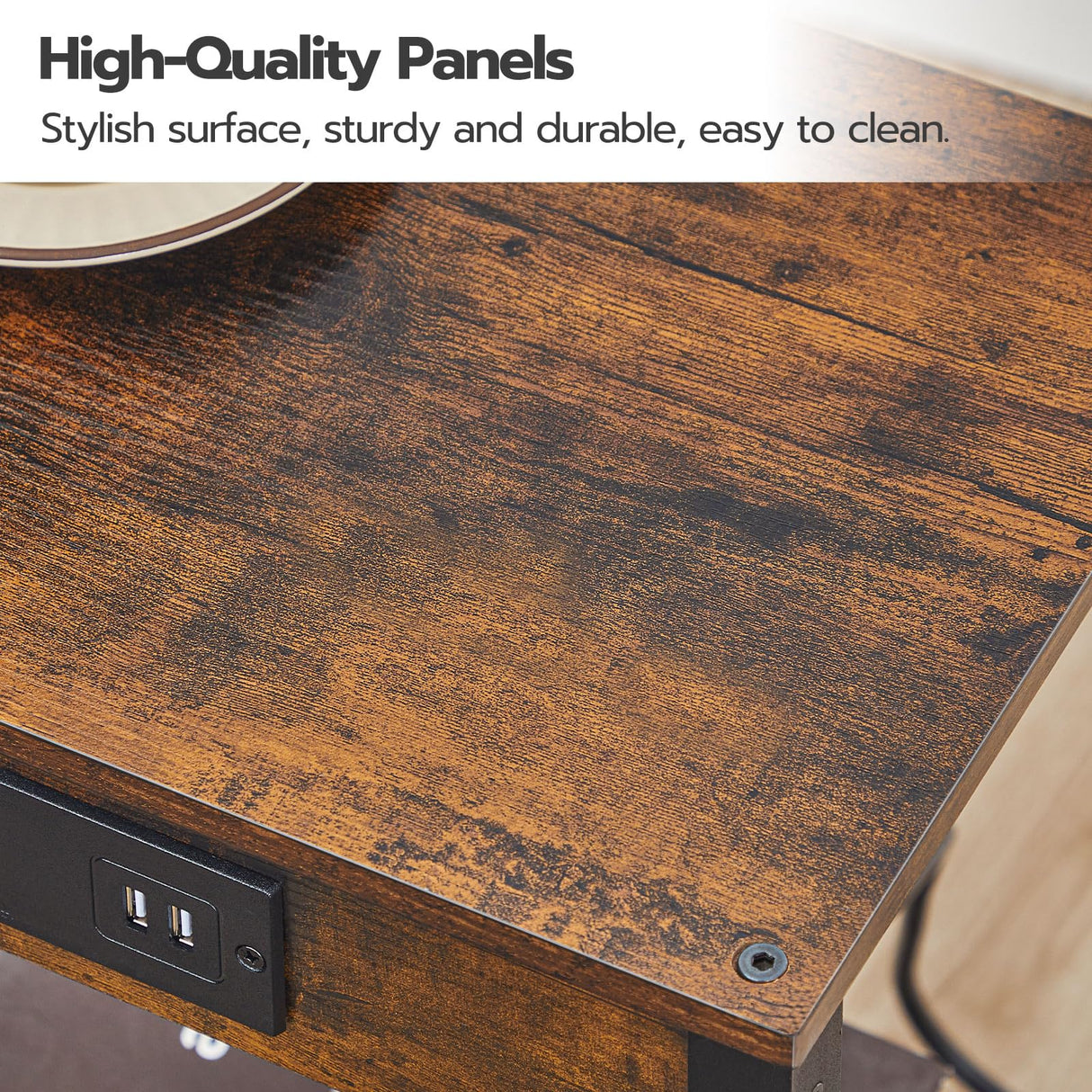 HOOBRO Side Table with Charging Station, End Table with USB Ports and Outlet, Nightstand with Storage Shelf, Faux Rattan Decoration, for Living Room, Bedroom, Rustic Brown and Black BF91UBZ01 HOOBRO