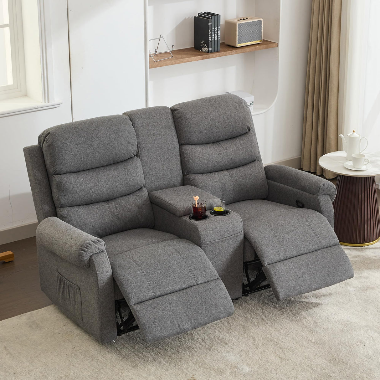URRED Loveseat Recliner Sofa, Double Manual Recliner RV Sofa with Console, Linen Recliner Chair Home Theater Seating with Cup Holders/Lumbar Pillow/Hidden Storage for Living Room(Grey) URRED