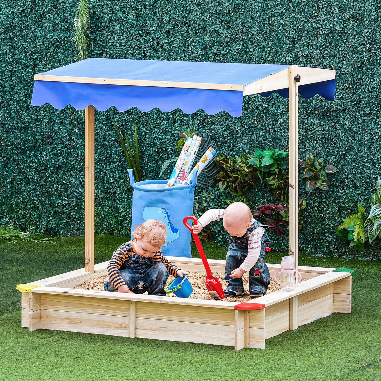 Outsunny Wooden Sandbox w/Adjustable Canopy, Children Outdoor Playset Weather Resistant 47" L x 47" W x 47" H, Natural & Blue Outsunny