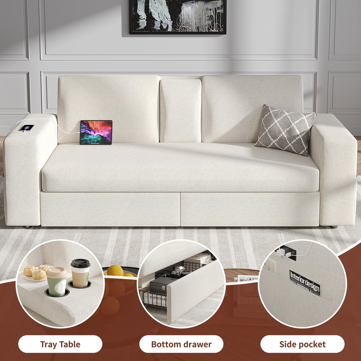 Maupvit 75” Loveseat Sofa with 2 Drawers, USB & Type-C Charging Port, Comfortable Linen Living Room Couch with Small Table Board, Upholstered Small Settee Fits Bedroom, Office,Beige Maupvit