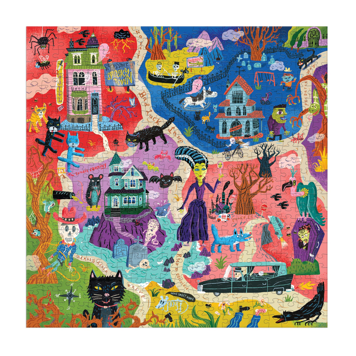 Mudpuppy Welcome to Spooky Town – 500 Piece Family Jigsaw Puzzle Featuring Bold and Spooky Illustrations of A Haunted Town Filled with Goblins Ghouls and Monsters Galison