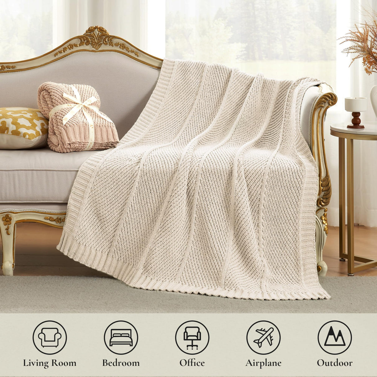 Amélie Home Chevron Chenille Knit Throw Blanket for Couch, Cozy Texture Decorative Soft Blanket for Sofa & Chair, 50"x60", Ivory Amélie Home