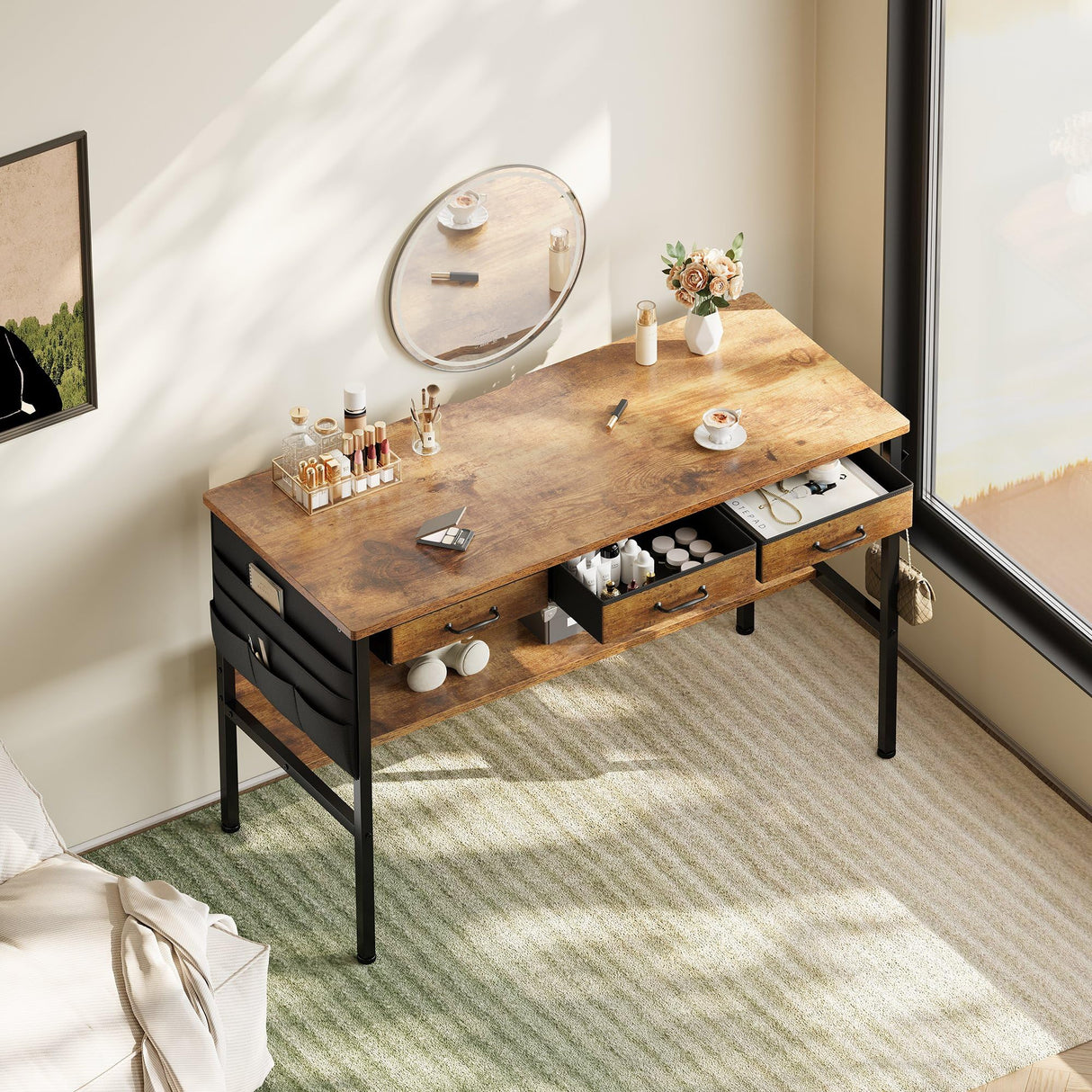 Maihail Small Desk with Drawers for Bedroom, Small Vanity Desk Without Mirror, 47.2inch, Writing Desk with Bookshelf, Computer Desk with Storage Drawers, Vanity Table no Mirror Rustic Brown Maihail