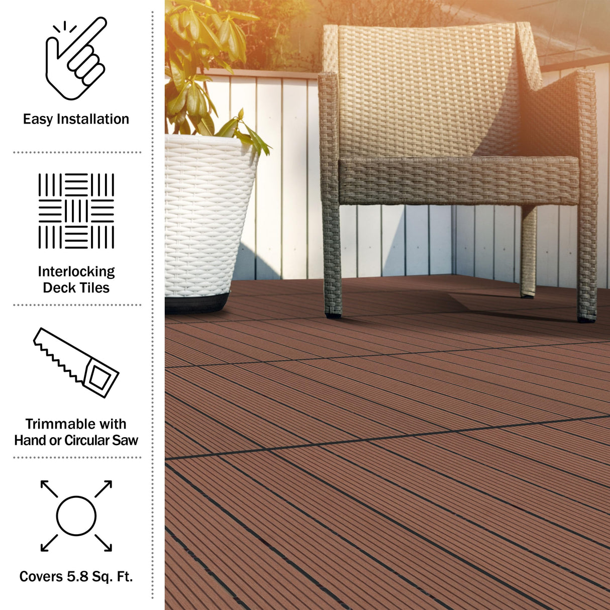 Interlocking Deck Tiles - 6-Pack 11.6-in Wood Plastic Composite All-Weather Outdoor Flooring Balcony Poolside or Patio by Pure Garden (Brown) Pure Garden