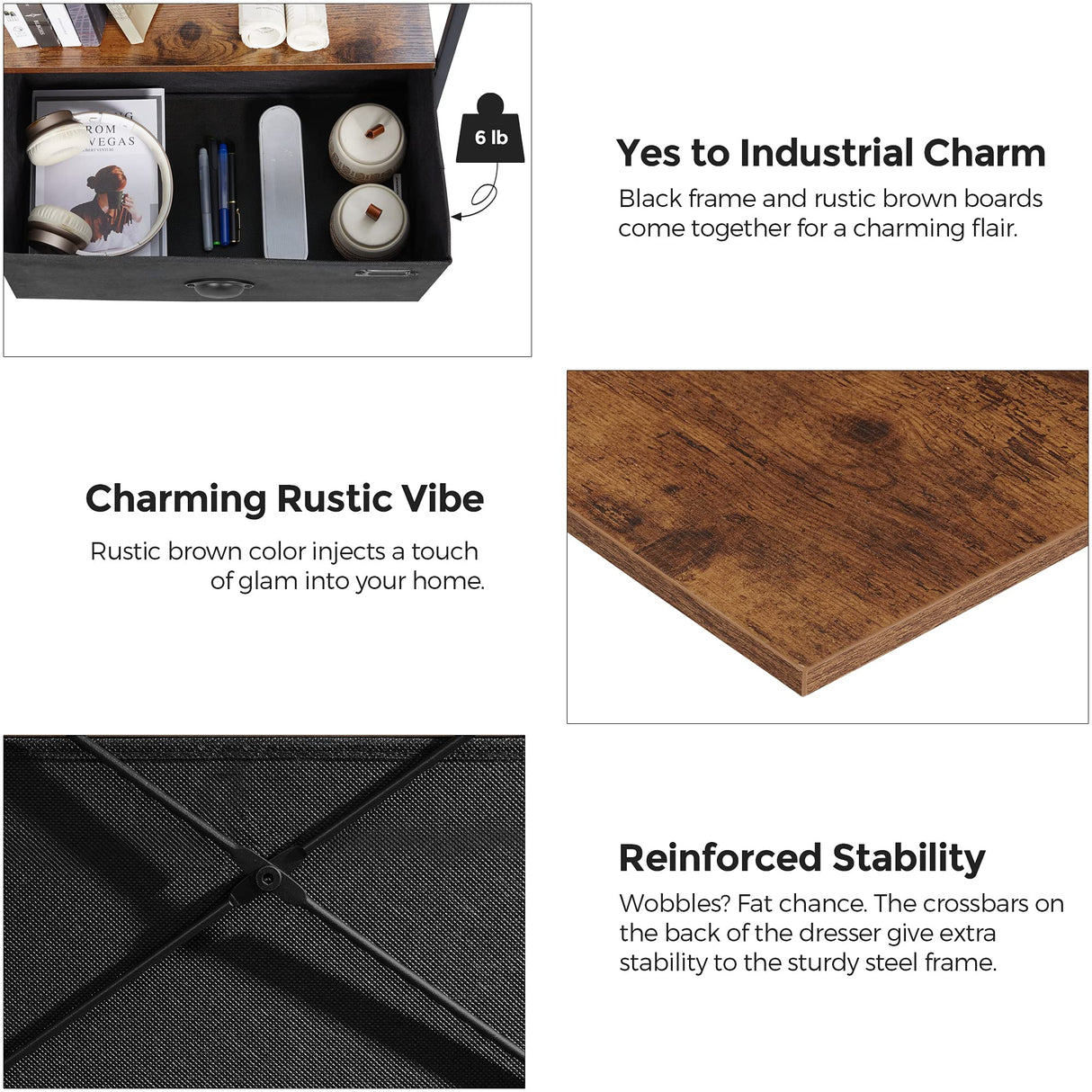 SONGMICS Nightstand, Industrial Bedside Table with 2 Fabric Drawers, Storage Shelves, Vertical Dresser Storage Tower with Wooden Top, Metal Frame, Labels, Rustic Brown and Black ULVT03H SONGMICS