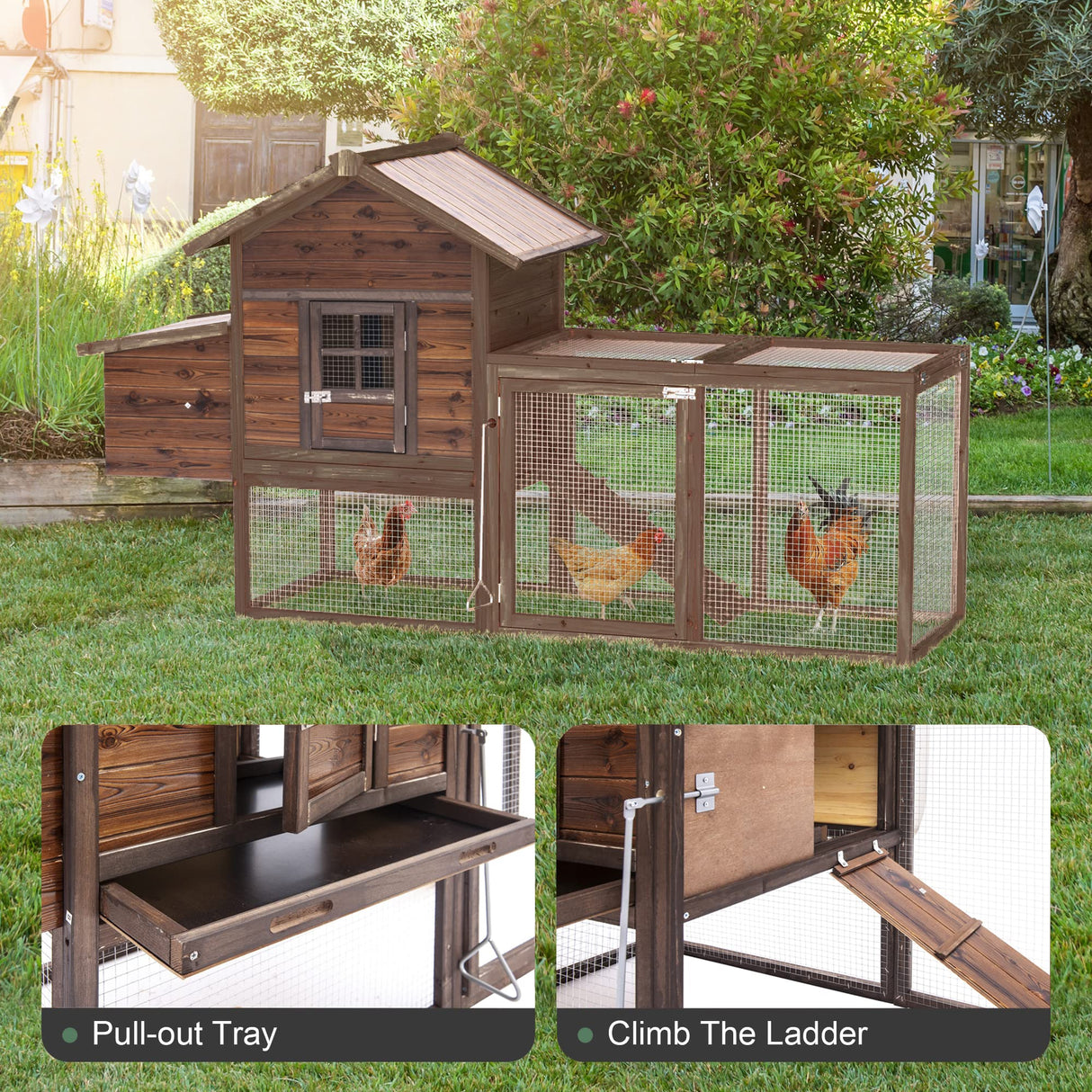 Outdoor 80'' Chicken Coop for Chickens Wooden Hen Fence,Duck,Chicken Cage with Nesting Box & Removable Tray,Small Animal Hutch for Backyard Poultry Coffe GREZJXC