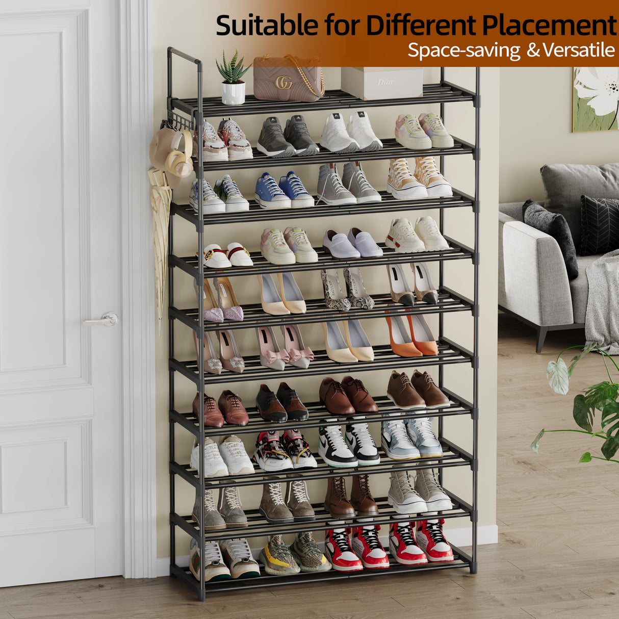 Saincustom 10 Tier Metal Shoe Rack, Tall Shoe Rack for Entryway, Shoe Organizer for Closet, Shoe Storage for Front Door Entrance & Entryway, Black Large Long Shoe Stand Holder Adjustable Shelf Height Saincustom