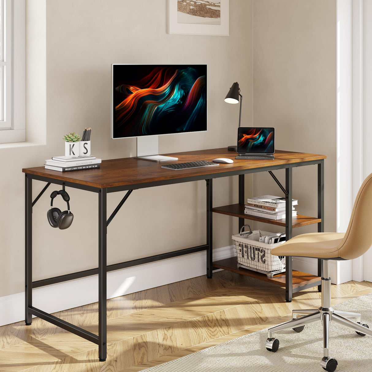 JOISCOPE Home Office Computer Desk with Wooden Storage Shelf, Office Desk and Gaming Table with Splice Board, 2-Tier Industrial Morden Laptop Study Writing Desk, 60 x 24 inches (Vintage Oak) JOISCOPE