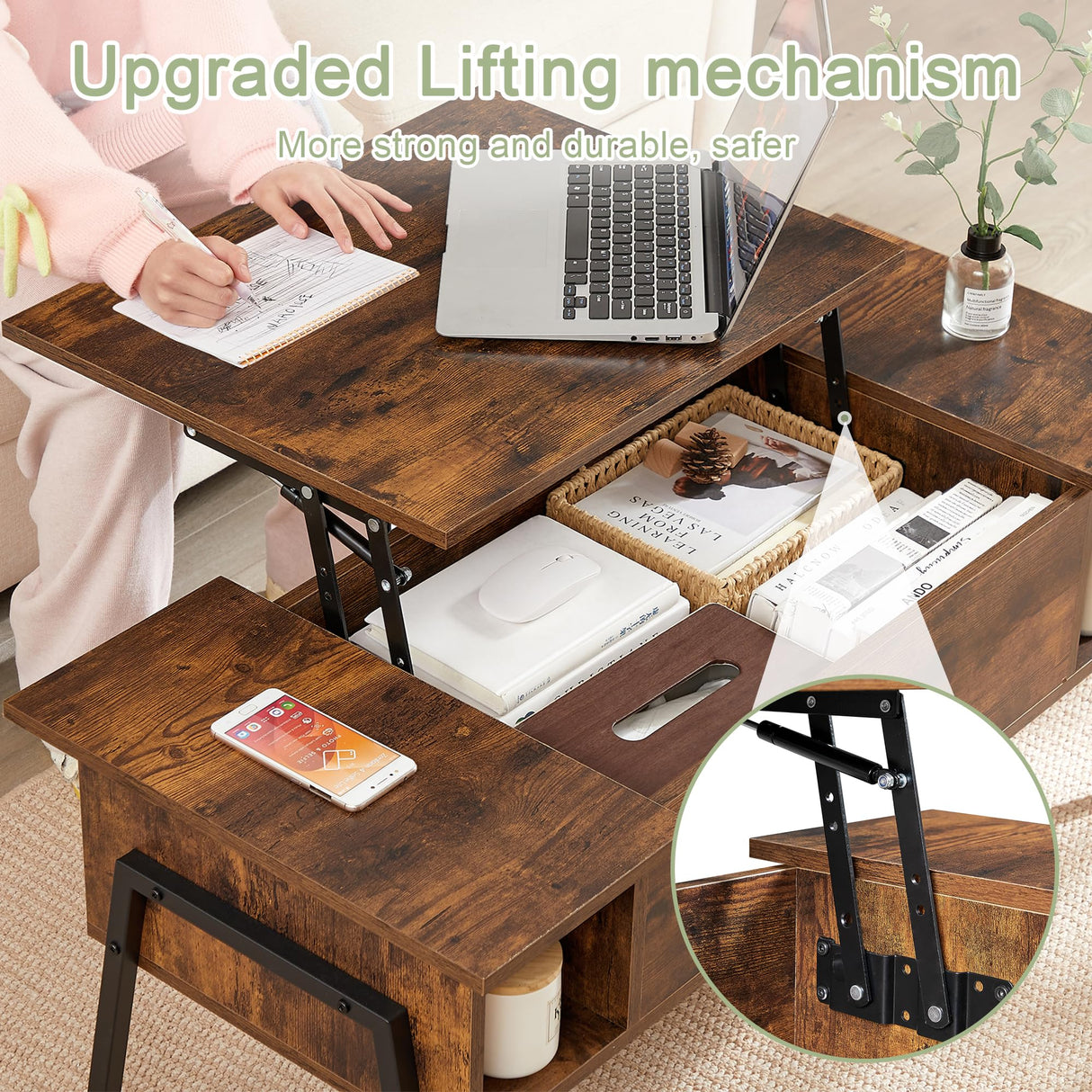 VECELO Wood Lift Top Coffee Table with Hidden Compartment and Storage Shelf for Living Room/Office Reception, Rising Tabletop, Brown VECELO
