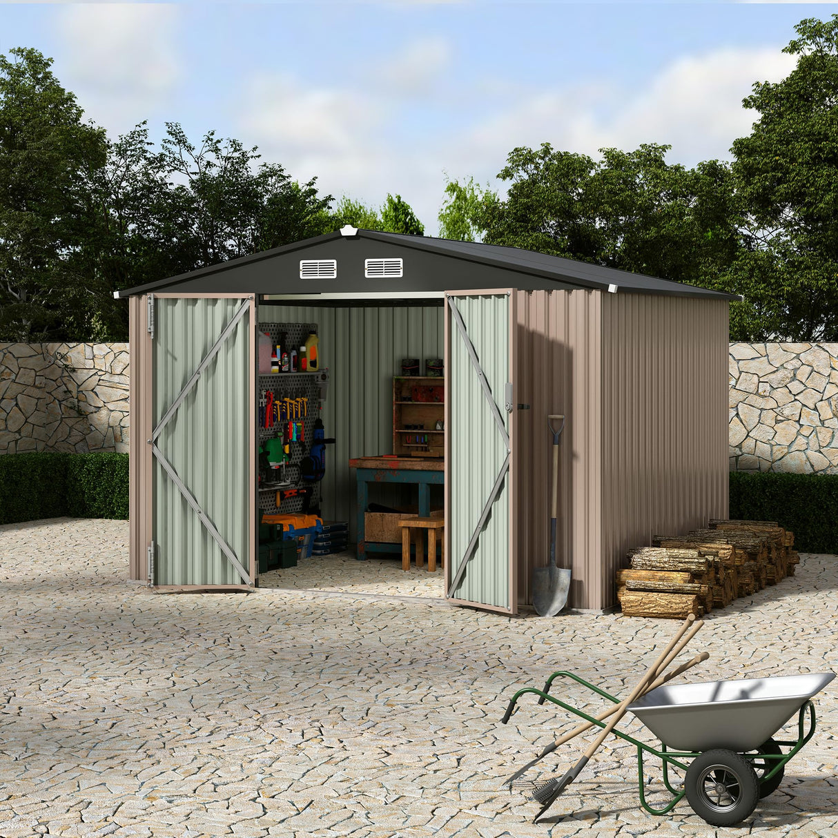 8x10 FT Metal Storage Sheds Outdoor, Metal Yard Sheds Garden Shed Kit, Tool Shed with Lockable Door, Utility Sheds Buildings with Air Vent for Backyard Garden Patio Lawn Reljofum