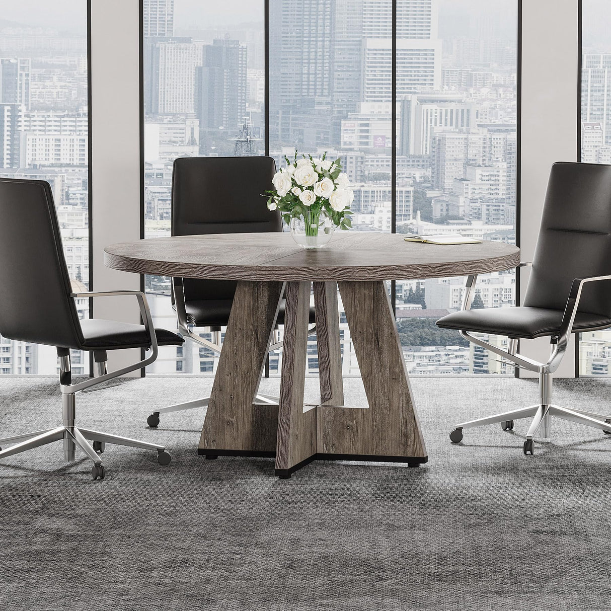 Tribesigns 47-Inch Round Conference Table for 4-6 People, Wooden Meeting Room Table with Thicken Tabletop and Wood Base (Grey) Tribesigns