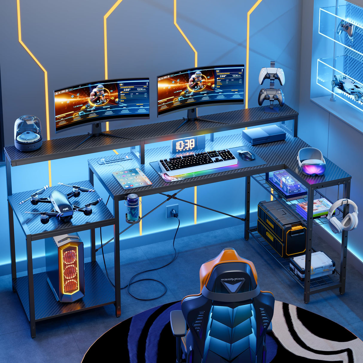 Bestier Gaming Desk with Power Outlet, 71.5 inch LED Computer Desk with Monitor Stand, L Shaped Large Desk with Metal Shelf, Cup Holder & Headset Hooks, Corner Desk for Bedroom 3D Carbon Fiber Bestier