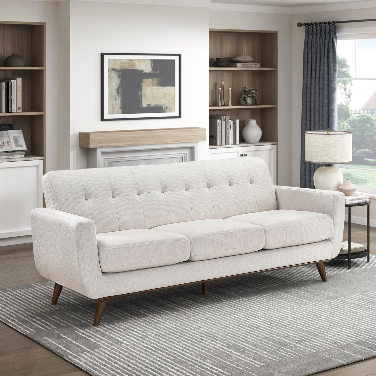 Lexicon Modern Accent Couch, Textured Fabric Upholstered Sofa with Brown Wood Legs, Track Arms, Tufted Couch Back, 3 Seater Sofa for Living Room/Office/Waiting Room, Beige Lexicon