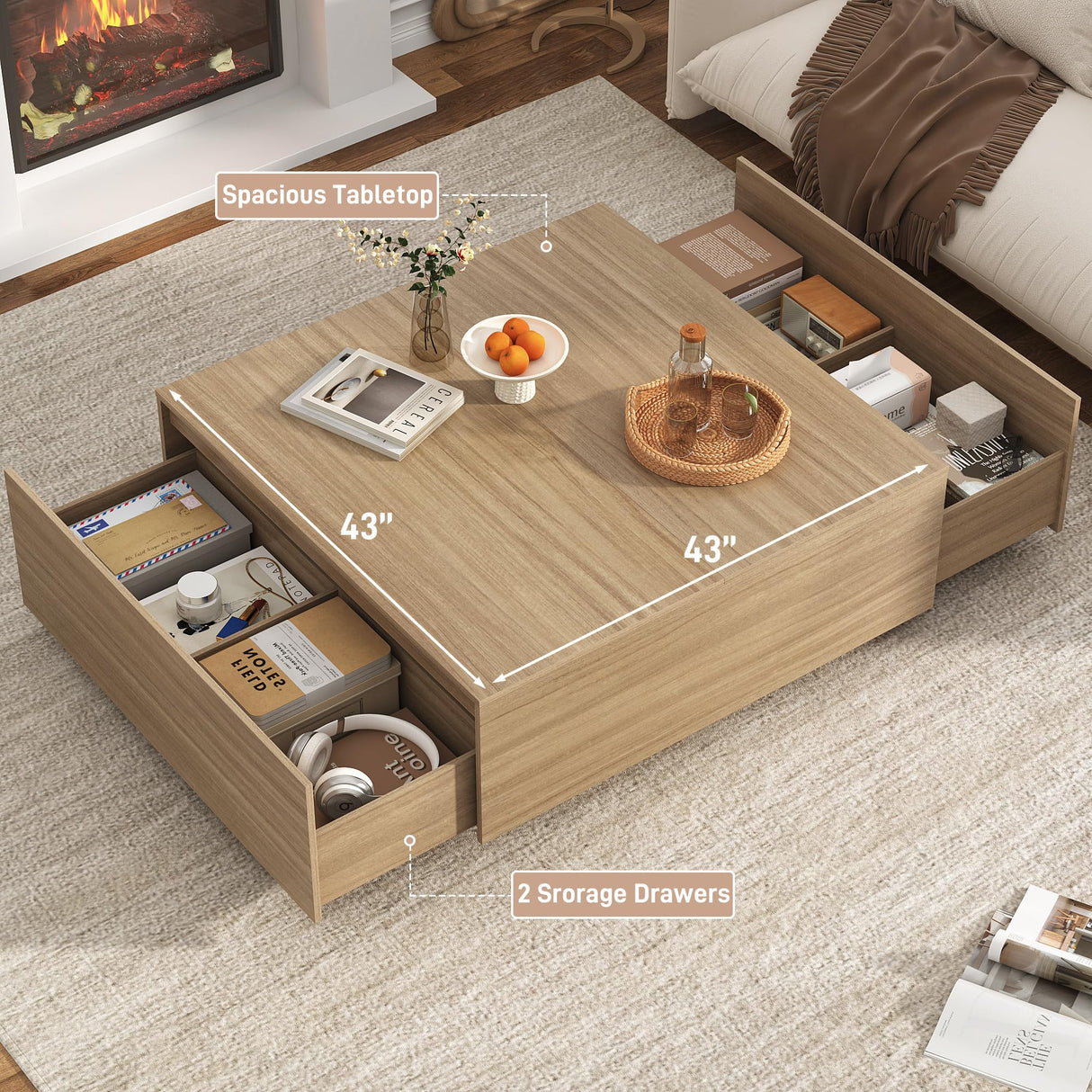 chartustriable 43” Square Coffee Table with Storage, 43" D x 43" W x 17" H Modern Large Square Center Table with 2 Drawers, Wood Coffee Table for Living Room, Light Brown,Bedroom,Light Brown chartustriable