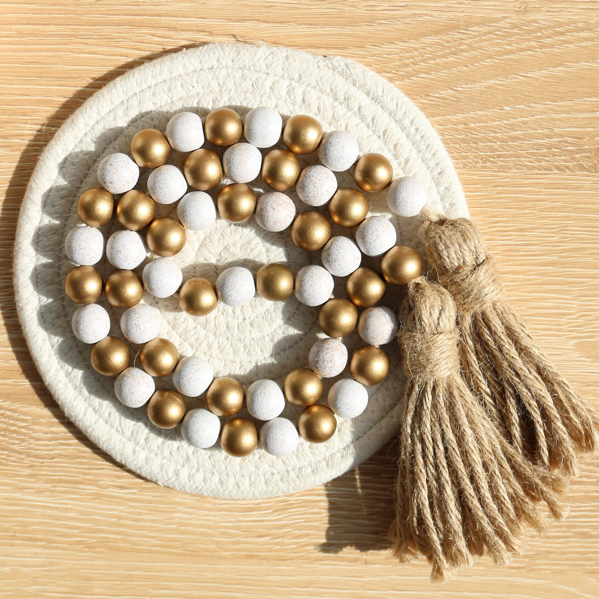 Meplait Wood Bead Garland,39in Farmhouse Beads with Tassels Boho Beads for Tiered Tray Decorative Beads Home Decor(Gold & Wash White) Meplait