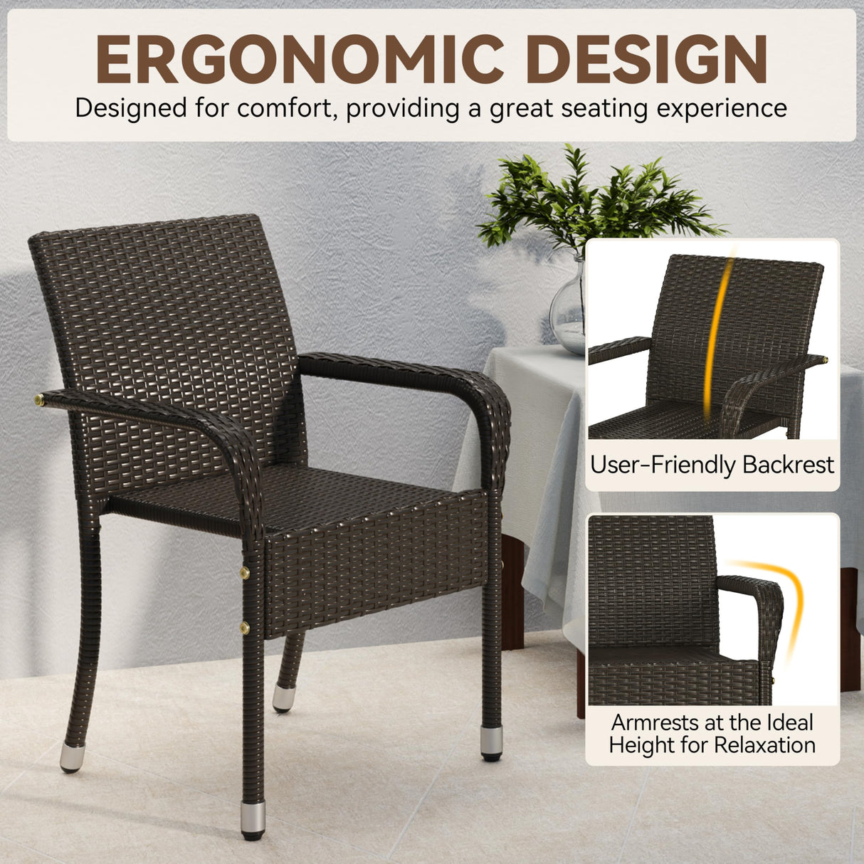 Yaheetech Set of 2 Stackable Outdoor Rattan Dining Chairs, All-Weather Armchair w/Armrests, Steel Frame for Garden, Patio, Deck, Yard, Poolside, Brown Yaheetech