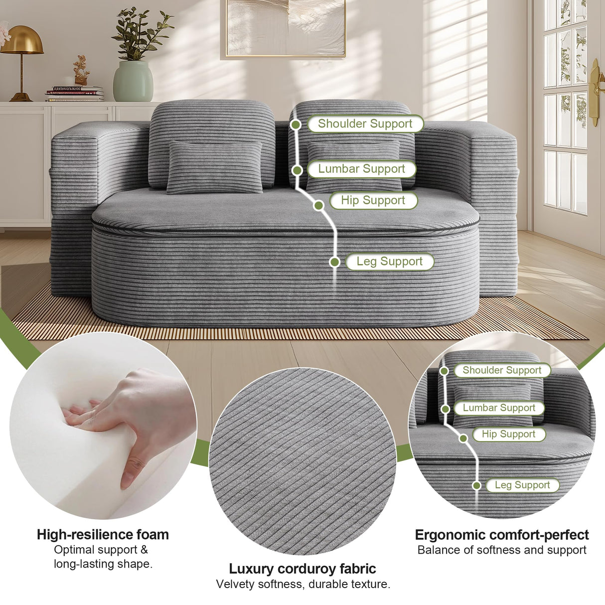 IZLKQC 75'' Convertible Folding Sofa Bed, Memory Foam Couch, Foldable Full Size Love Seat Sleeper Bed, 2-in-1 Foldable Curved Sleeper Sofa with 4 Pillows and Blanket for Living Room (Corduroy, Gray) IZLKQC