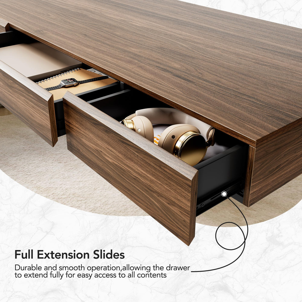 HUANUO Electric Standing Desk with 3 Drawers, 48 Inches Height Adjustable Stand Up Desk, Whole-Piece Board Computer Workstation with 4 Memory Height Settings, Black Walnut HUANUO