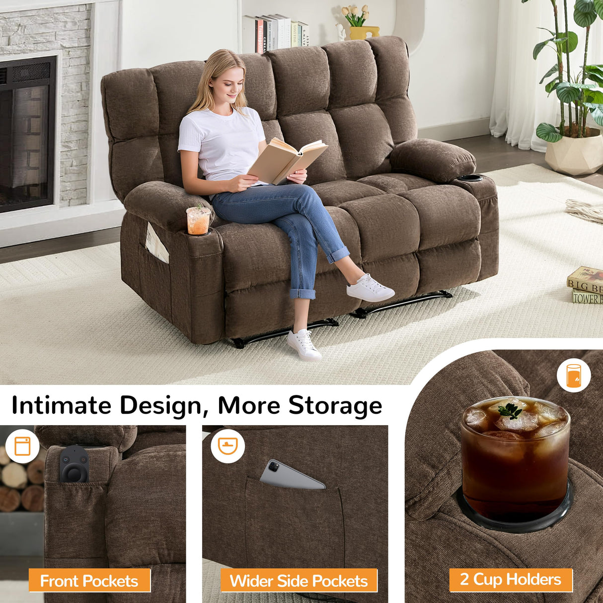 Sofetura Oversized Loveseat Recliner Sofa, Big Large Reclining Sofa with Cup Holders & Side Pockets, Traditional 2-Seater Manual Recliner Couch for Living Room, RV, Home Theater (Fabric, Brown) Sofetura