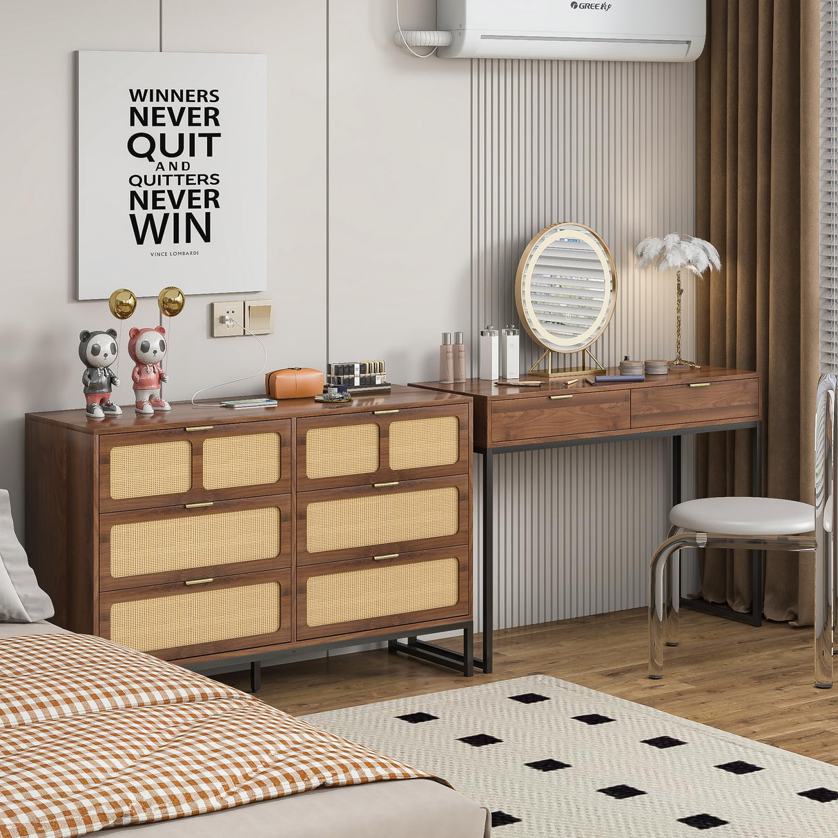 IQCNGVX 6 Drawer Dresser, Modern Rattan Dresser Chest with Wide Drawers and Metal Handles, Accent Dresser Drawer Organizer, Farmhouse Wood Storage Chest of Drawers for Bedroom, Living Room, Entryway IQCNGVX