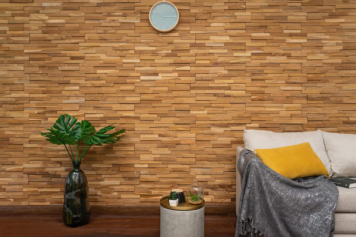 WoodyWalls 3D Wall Panels | Wood Planks are Made from 100% Teak | Each Wood Panel is Handmade and Unique | Premium Set of 10 3D Wall Decor Panels | DIY Wood Panels (9.5 sq.ft. per Box) Natural Teak Woody Walls