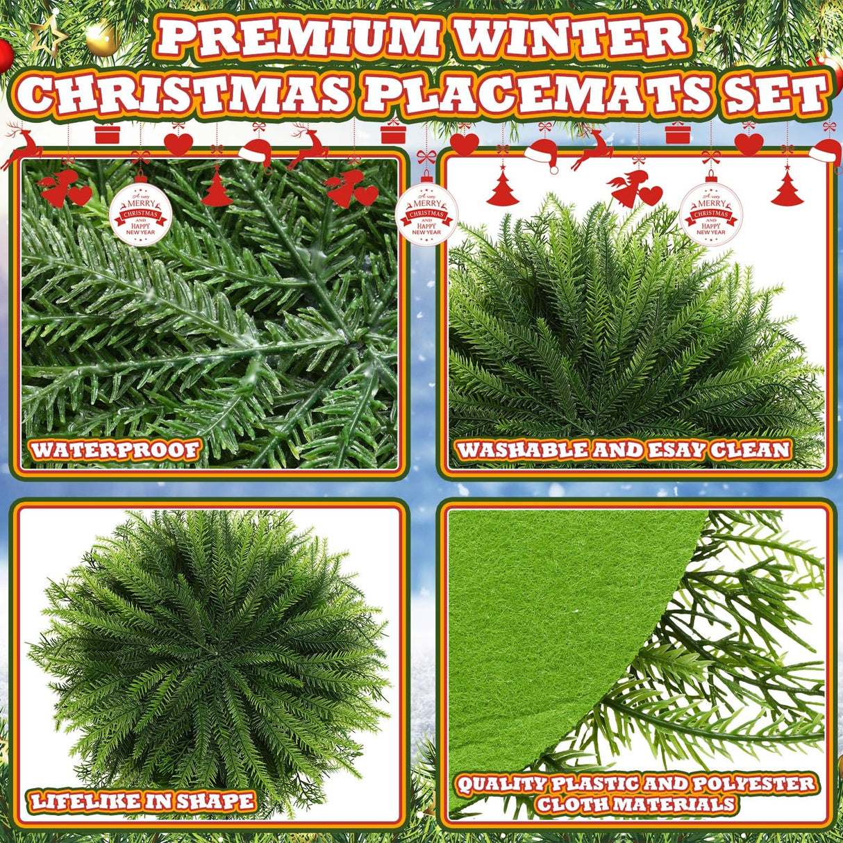 Teenyyou 6 Pcs Christmas Placemats Set 15 Inch Large Norfolk Pine Placemats Round Greenery Place Mats Artificial Xmas Washable Winter Table Decoration for Holiday Party Dining (Norfolk Pine, Green) Teenyyou