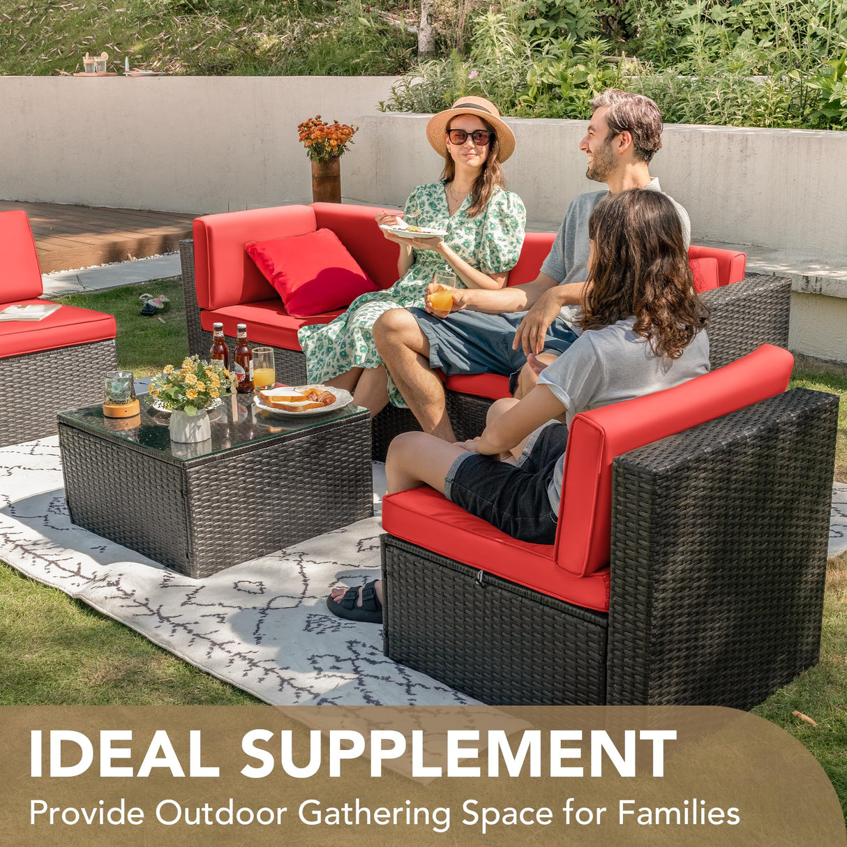 Devoko Patio Furniture Sets 6 Pieces Outdoor Sectional Rattan Sofa Manual Weaving Wicker Patio Conversation Set with Glass Table and Cushion (Red) Devoko