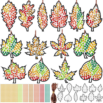 WinnerWhy 36 Sets Maple Diamond Painting Ornaments DIY Gem Window Art Sun Catcher Kits Gemstone Diamond Art Craft and Crafts with Ropes for Holiday Party Decor