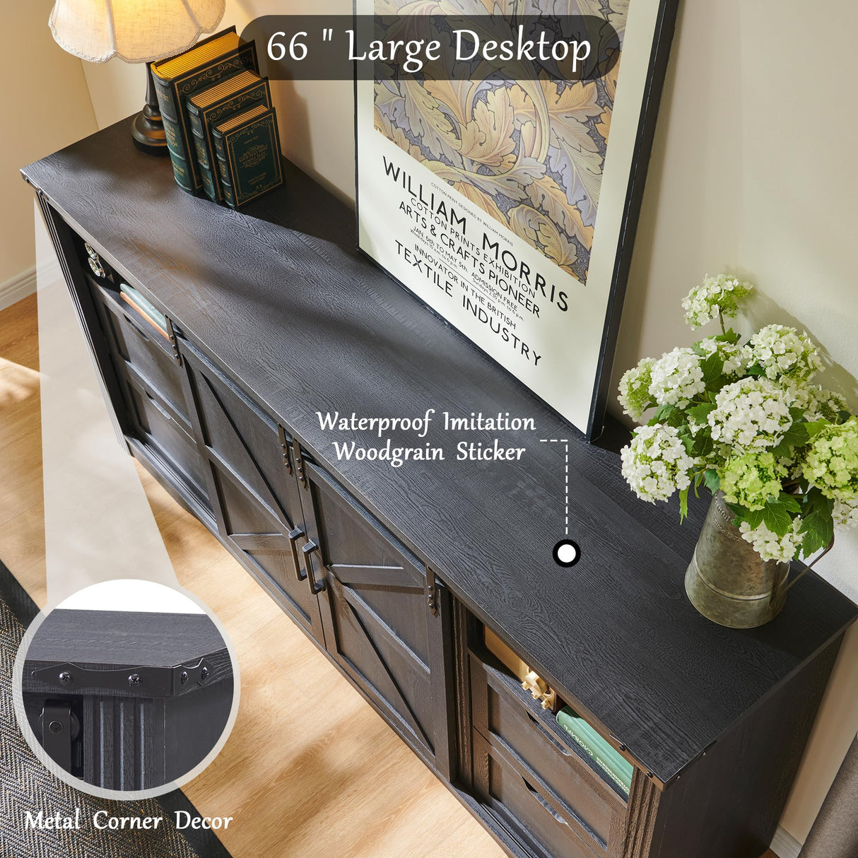 JXQTLINGMU Farmhouse TV Stand for 75+ Inch TV, 32" Tall Entertainment Center w/4 Drawers & Sliding Barn Door, Rustic Media Console w/Storage Shelves, 66" Wood Television Stand for Living Room, Black JXQTLINGMU