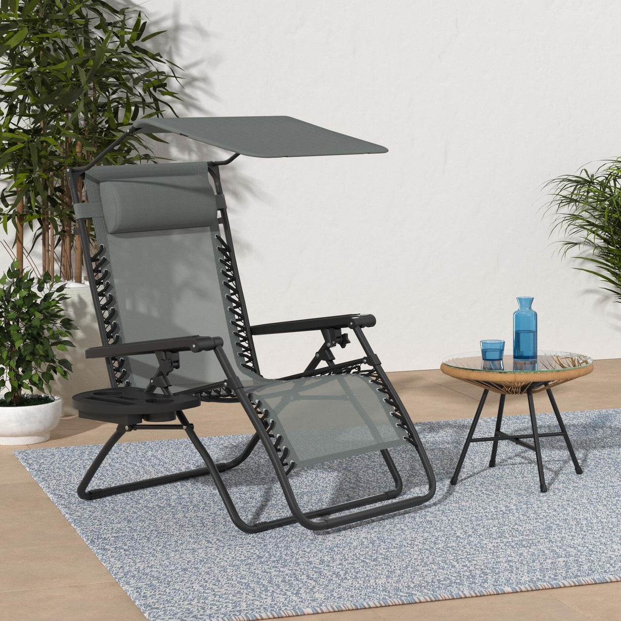 Best Choice Products Folding Zero Gravity Outdoor Recliner Patio Lounge Chair w/Adjustable Canopy Shade, Headrest, Side Accessory Tray, Textilene Mesh - Stardew Best Choice Products