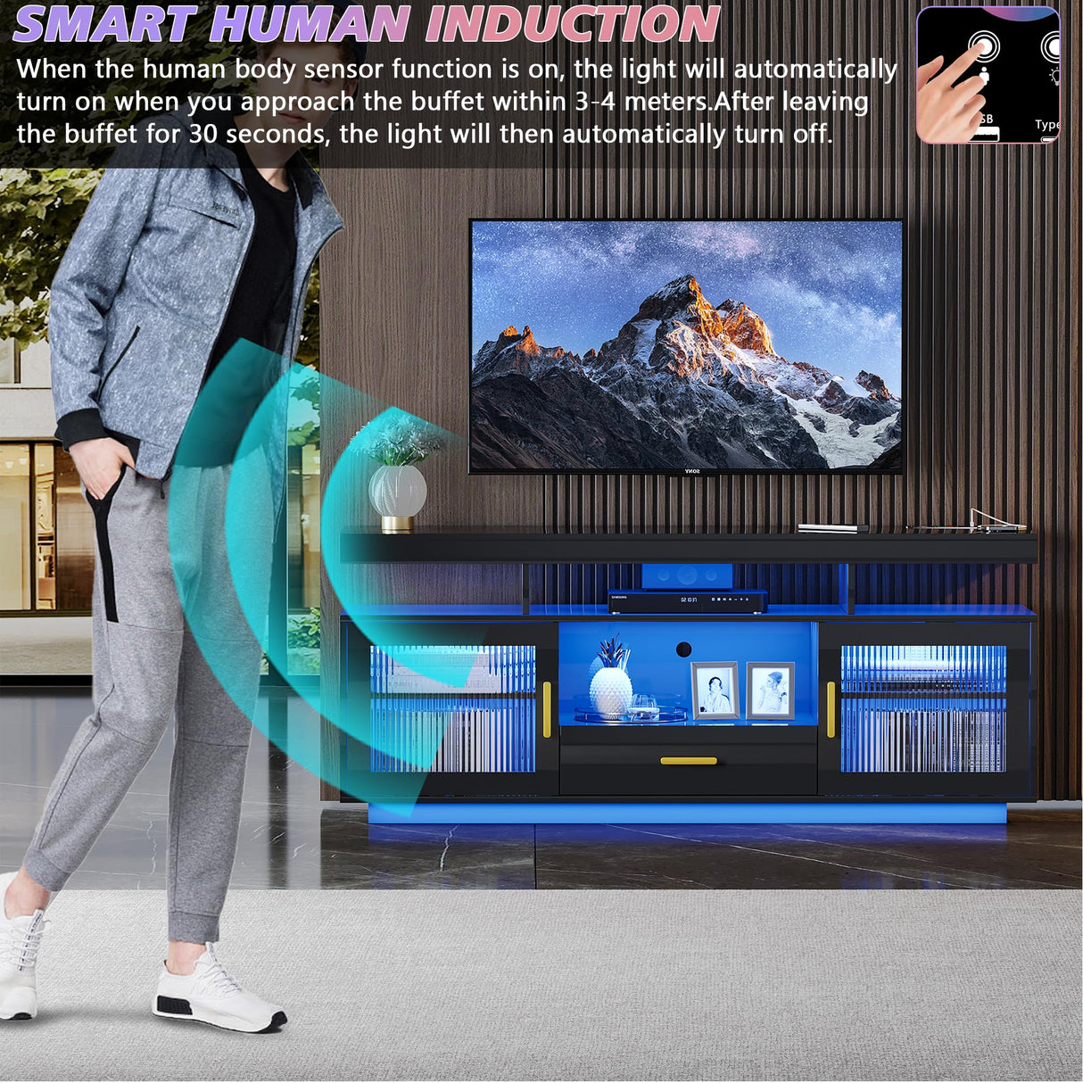 MDGC 24-Color RGB TV Stand, Auto Sensor LED Entertainment Center with Wireless Charging Station, Media TV Console Table with Large Storage Cabinet (Black) MDGC