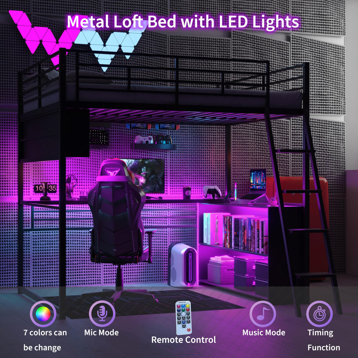 Polibi Full Size Loft Bed with LED and Desk,Metal Gaming Loft Bed Frame with 4 Storage Shelves,Black Polibi