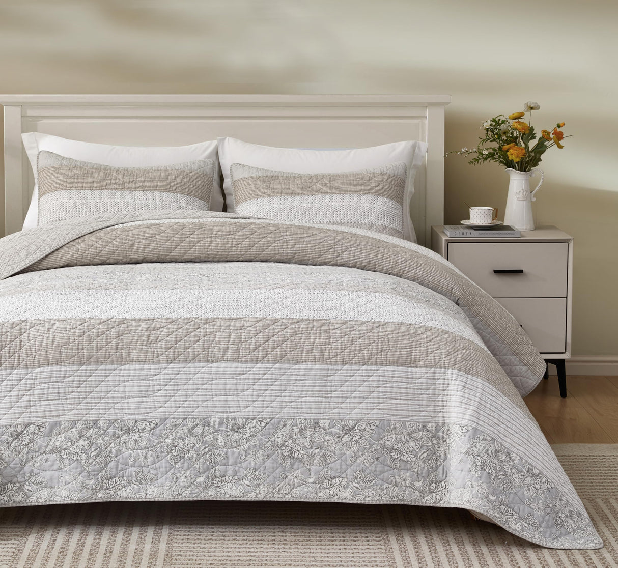 Chezmoi Collection Robyn 3-Piece Neutral Taupe Gray White Floral Hibiscus Flower Patchwork Striped Quilt Set - Pre-Washed Cotton Coverlet - Lightweight Reversible Bedspread, King Size Chezmoi Collection