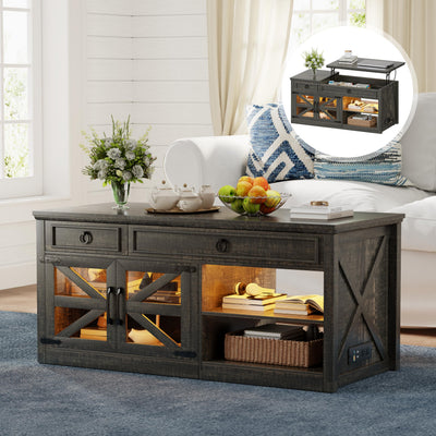 Lvifur 48" W Farmhouse Lift Top Coffee Table with LED Lights & Charging Station, Living Room Center Table with 2 Hidden Storage Compartments, Lifting Tabletop and Adjustable Shelf (Dark Rustic Oak)