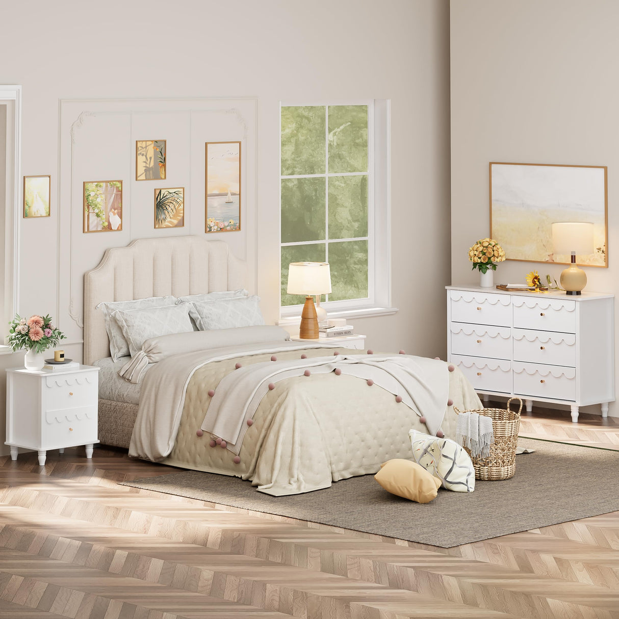 Anbuy 3 Pcs Bedroom Sets, Scalloped 6 Drawer Dresser and Night Stand Sets for Bedroom, Two Drawers Nightstand Set of 2 & 6 Drawer Dresser Combo 3 Pieces (White)