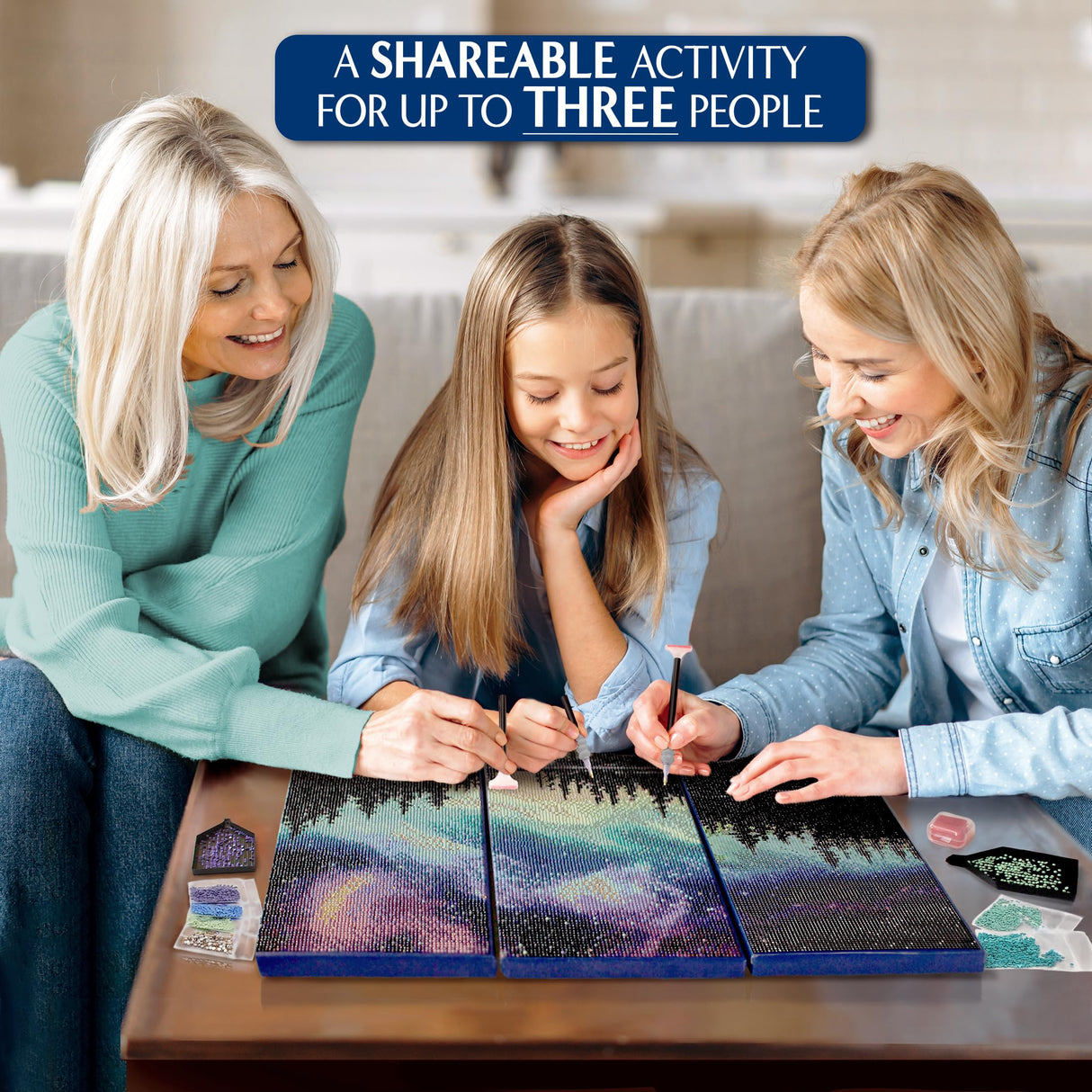 ArtSkills Diamond Painting Kit, Diamond Art Ready to Hang Framed Canvas with Storage and Accessory Kit, Northern Lights, 3 Stretched Canvas Panels, 14” x 7” Each ArtSkills