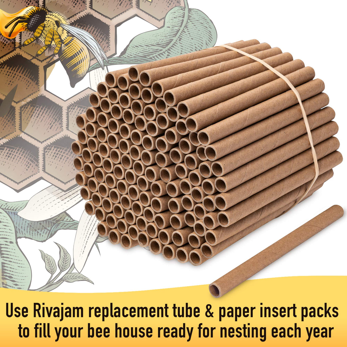 Rivajam 125 Mason Bee House Cardboard Nest Tubes Refill Pack | Solitary Bee Hive & Supplies | Starter Kit & Habitat Garden Gift | Hotels Tubes & Nest Box Inserts Liners Rivajam