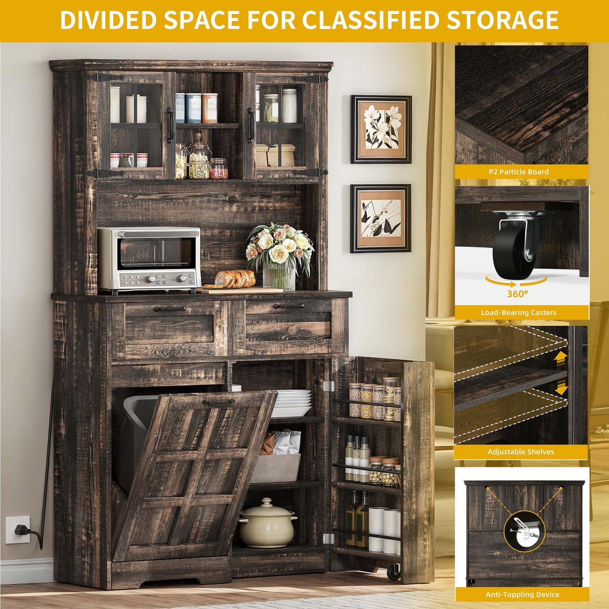 DWVO Kitchen Pantry Storage Cabinet with Tilt-Out Trash Can Fit 10 Gallon, Tall Farmhouse Kitchen Hutch Cabinets with Charging Station & Microwave Stand for Home Living Dining Room, Dark Rustic Oak DWVO