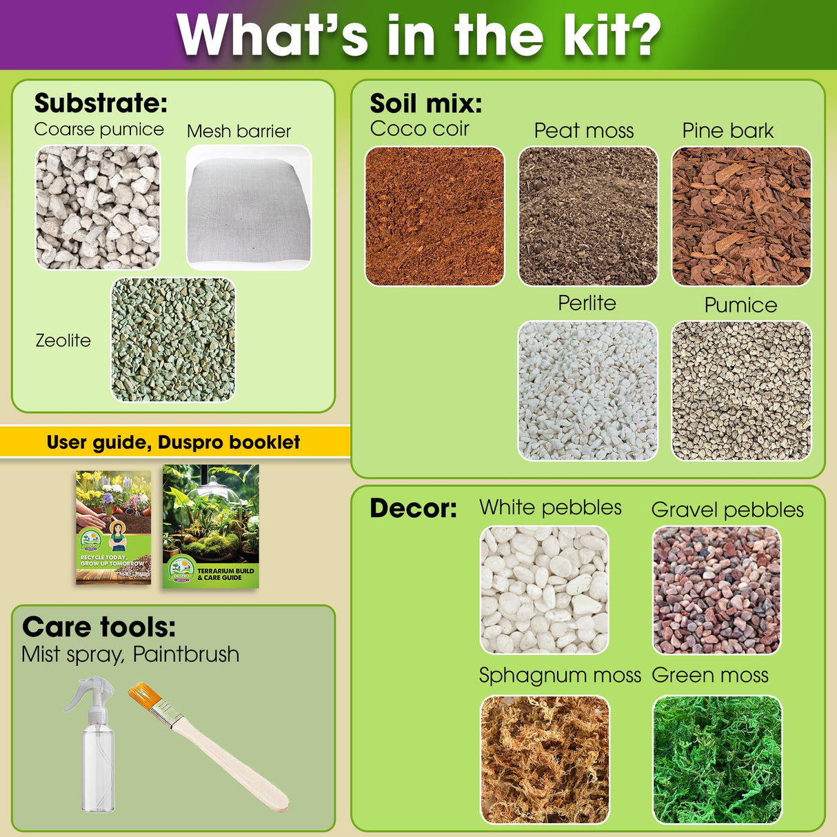 DUSPRO Recycle Terrarium Kit, Include Terrarium Potting Soil, Pumice, Zeolite, Green Moss, Sphagnum Moss, Decorative Stone, Mesh, Tools, DIY Terrarium Starter Kit for Kids, Air Plant, Succulent Duspro